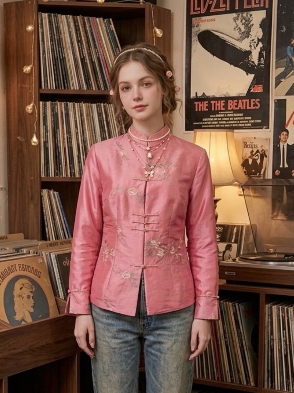 Vintage 90’s Asian Pink Satin Chinoiserie Floral Embroidered Frog Closure Jacket
